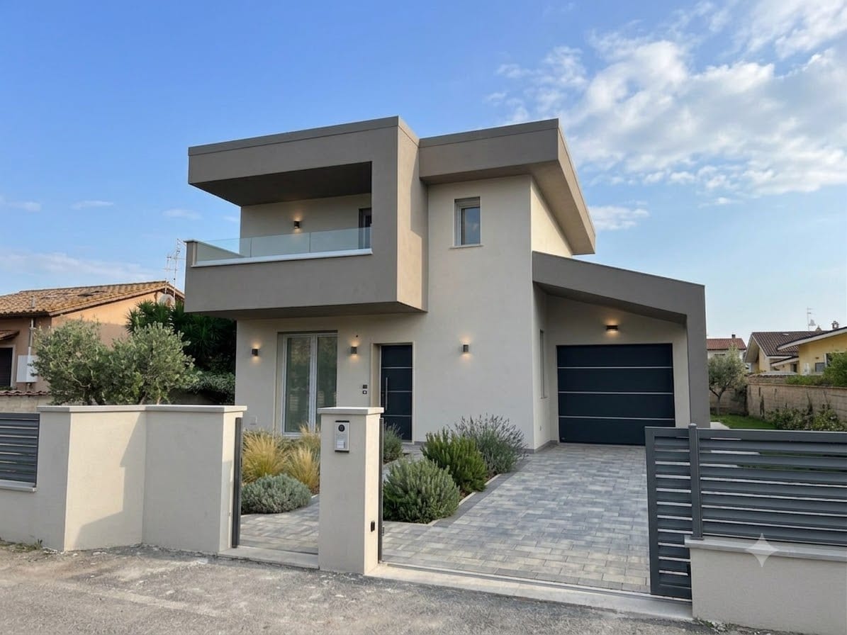 Villa moderna a due piani con garage, impianto di videocitofono e illuminazione esterna